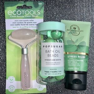 PopSugar Bath Beads Eucalyptus, B&BW Body Cream 2.5 Fl Oz,Ecotools facial Roller